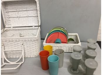 Vintage Tupperware And Picnic Basket W/ Dishes