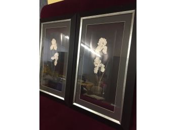 2 Framed Painted Flowers On Glass