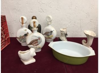 Vintage Assortment- Decanters, Pyrex And Vases