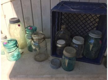 2 Crates Full Of Vintage Jars, Blue, Clear With Metal And Glass Lids, Vintage Juicer