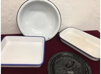 Assorted Vintage Enamelware- White/ Blue, White/black