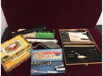 Vintage Assortment- Gun Master Universal Cleaning Kit, Slide Rule, Cigar Boxes, True-test Socket Set & Pulley