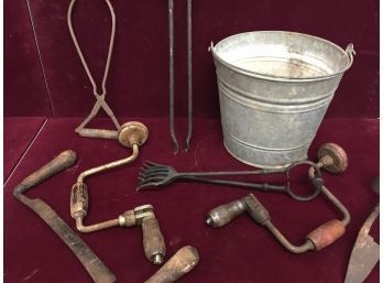 Antique & Vintage Tools-Galvanized Bucket, Polar Ice Tongs, Blacksmith Tongs,