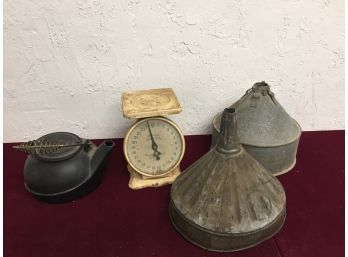 Vintage Assortment- Cast Iron Kettle, American Family Scale, Large Galvanized Funnels