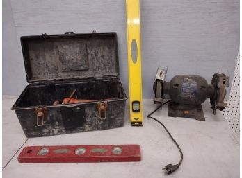 Tool Box With Contents, Grinder And Levels