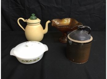 Vintage Kitchen Assortment- Enamel Tea Pt, Crock Jug,