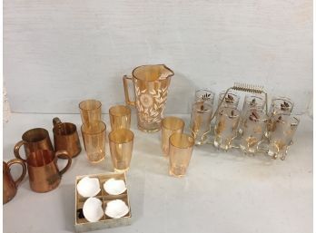 Vintage Glassware, Pitcher W, 6 Glasses, 6 Glasses With Carrier, Copper Steins