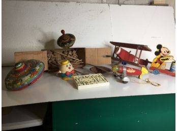 Vintage Toy Assortment, Mickey Mouse, Metal Tops And More