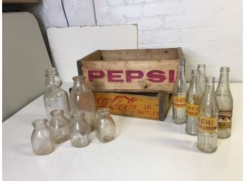 Vintage Bottles- Nehi, Nesbitt's, Pepsi & Coca Cole Wood Crates, Medal Gold & MBS Inc Milk Bottles