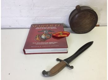 Semper Fi-Book And Patch,  Wooden Canteen, Knife