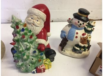 Vintage Ceramic Light-up Santa,  Light-up Snowman