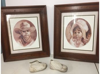 Vintage Cowboy And Girl Vel Miller Framed Portraits And Baby Shoes