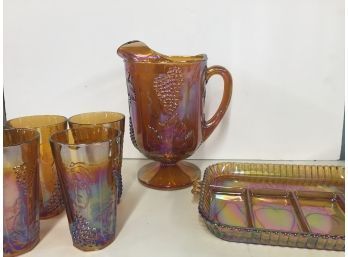 Vintage Amber Carnival Glass Tray, Pitcher, And Glass Set