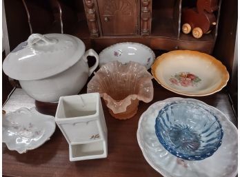 Antique Chamber Pot, Colored Glass & Various Dishes