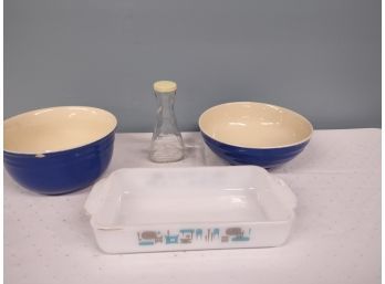 Vintage Kitchen Assortment- 2 Stoneware Mixing Bowls, Casserole Dish, Vinegar/oil Carafe
