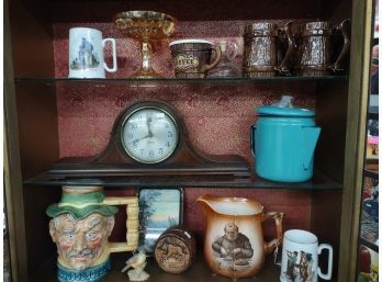 Vintage Assortment-kenmore Electric Mantle Clock, Enamel Coffee Pot & Various Cups And Pitchers