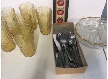 Vintage Kitchen Assortment Including 6 Glasses, Silverware, And More