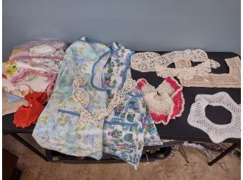 Vintage Linen Assortment- Aprons, Crocheted Collars And More