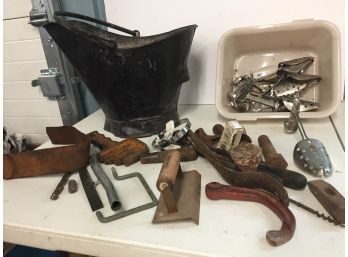 Vintage Ash Bucket, Shoe Stretchers, And Assorted Tools
