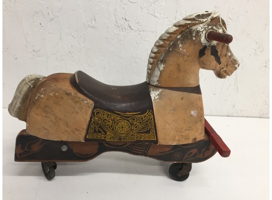 Antique Wooden And Plastic Rolling Horse