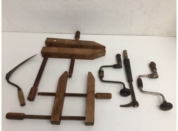 Vintage Large Wood Clamps, Hand Drills, And More