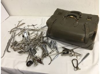 Antique Leather Doctors Bag With Assorted Tools
