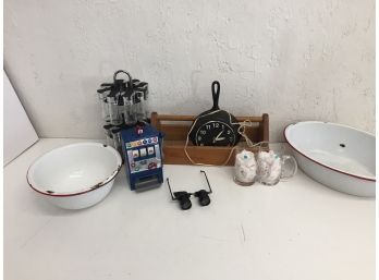 Vintage Enamel Cookware, Spice Rack, And More