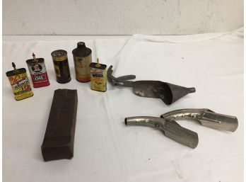 Vintage Can Opener And Pouring Spout, Tins, And More