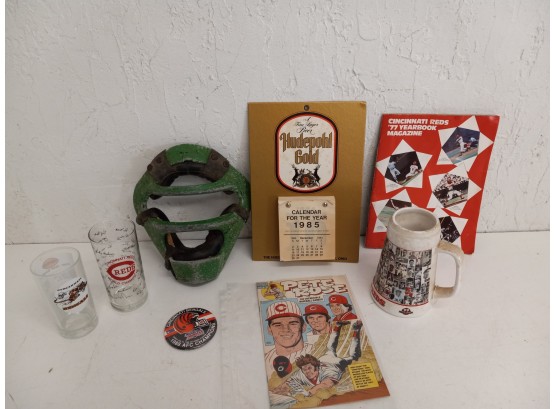 Vintage Sports Assortment Including Bengals Glass, Pete Rose Comic, Hockey Mask, And More