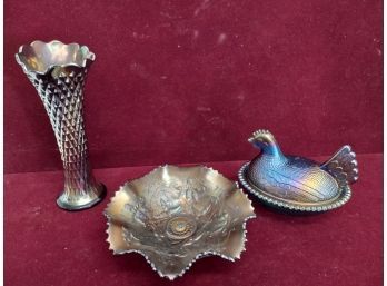 Vintage Assorted Carnival Glass Including Vase, Chicken Bowl, And Bowl