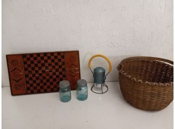 Vintage Assortment Including Star Headlight, Game Board, Mason Jars, And More