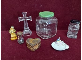 Vintage Assortment Including Glass Cross, Wooden Heart Box, And More