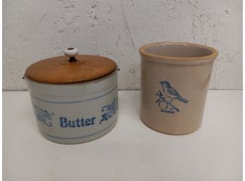 Vintage Butter Crock And Bird Pattered Salt Glazed Crock