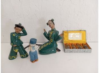 Vintage Asian Assortment Including Made In Japan Figurine, River Scene Bottles, And More
