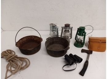Vintage Assortment Of Camping Goods Including Lanterns, Cast Iron, And More