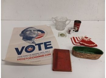 Vintage Assortment Including Obama Poster, McCoy Planter, Chuck E Cheese Mug, And More