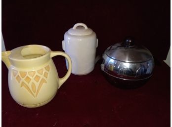 Vintage McCoy Cookie Jar, Bake Light Ice Bucket, And Roseville Pitcher