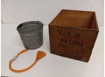Vintage Wooden Crate, Bucket, & Power Adapter