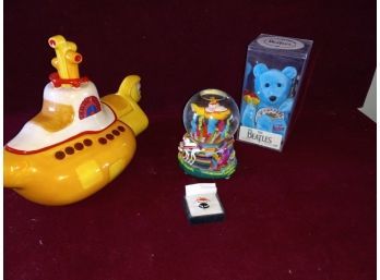 Vintage Beetles Memorabilia Included Snow Globe That Plays Yellow Submarine, Cookie Jar, Pin, And More