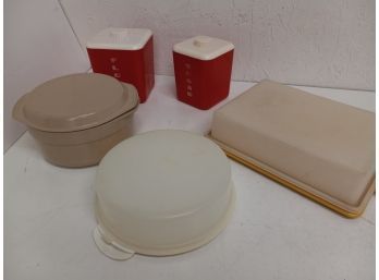 Vintage Assortment Of Plastic Tins Including Flour And Sugar Container, Cake Platters, And More
