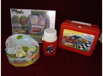 Vintage Assortment Including Plastic Hotwheels With Thermos, Coca Cola Puzzle, And More
