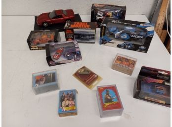 Vintage Assortment Of Cars And Cards Including Indiana Jones Cards, Trust Worthy Car, And More