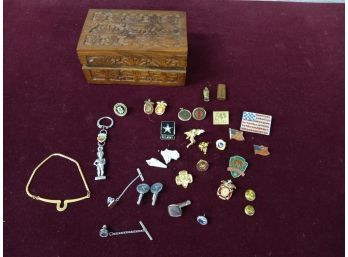 Small Carved Box & Assortment Of Pins / Cufflinks