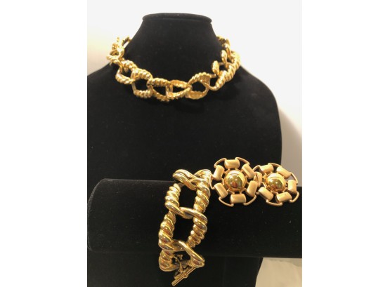 1980s Vintage Necklace, Bracelet And Post Earrings Ensemble (3 Pcs)