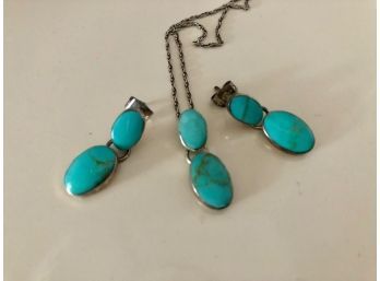 Silver And Turquoise Set: Pendant Necklace And Earrings
