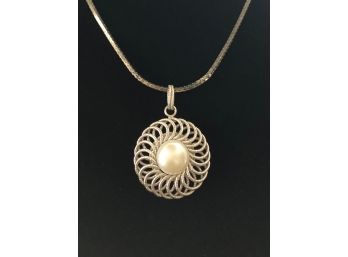 Silver Pendant  With Pearl Accent Necklace