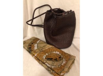 Eddie Bauer Woven Leather Back Pack Purse And Equestrian Theme Pashmina