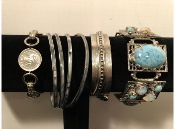 Vintage Silver, Turquoise, Mother Of Pearl Bracelets (7 Pcs)