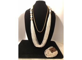 White Bead And Gold Tone Chain With Wooden And Beaded Bracelet Ensemble (3 Pcs)