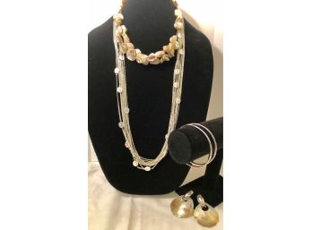 Silpada Necklace, Silver Tone Bead Chain Muti-strand Necklace, Shell Ear Rings And Bracelets (5 Pcs)